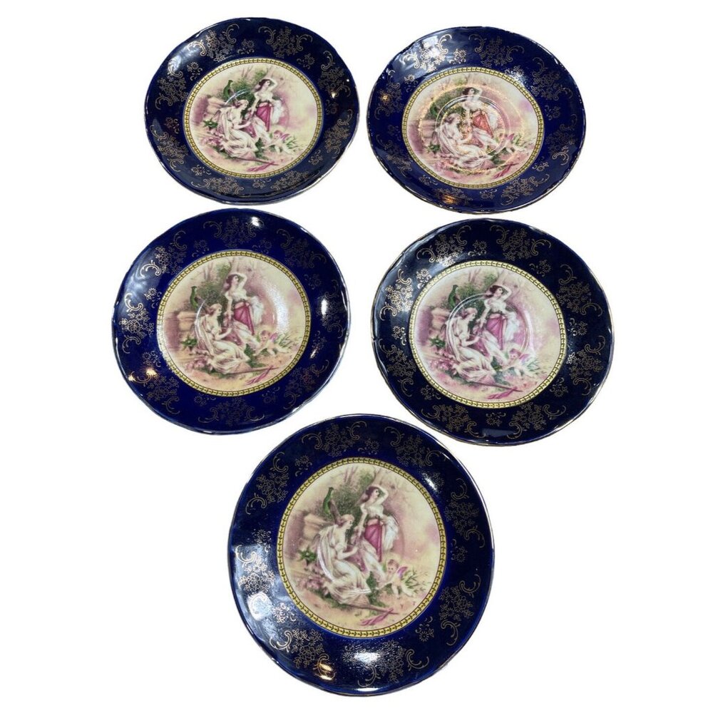 Vintage Italian Design 5 Saucers Plate Set Cobalt Blue Angel Peacock Renaissance